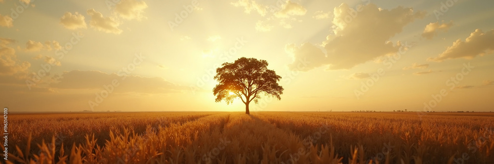 Fototapeta premium Solitary tree in golden wheat field at sunset, expansive landscape with warm sunlight highlighting nature's beauty. Stunning scenery showcases the peacefulness of rural life,