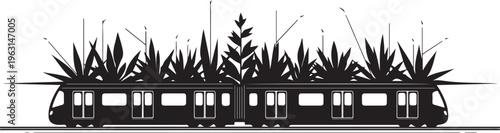 Black silhouette of a train with plants growing out of it