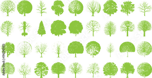Collection of diverse green tree silhouettes with detailed branches and foliage on a white background