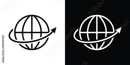 Minimalist globe icon with an upward-pointing arrow orbiting the sphere. Symbolizes global business growth, economic expansion, international progress, and worldwide market trends.