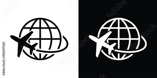 Global travel icon featuring an airplane flying along an orbital path around a globe. Ideal for international tourism, air cargo logistics, global aviation, and vacation booking themes.