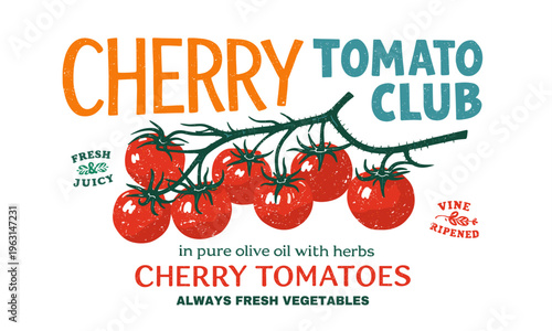 Cherry tomato vector label with fresh vine tomatoes and bold retro typography. Vintage halftone style, isolated on transparent background, ideal for packaging, branding, menu, organic food design.