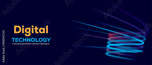 Digital technology abstract glowing light trails on dark blue background with text