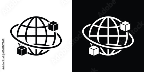 Global logistics icon showing a world globe with package cubes on an orbital ring. Perfect for supply chain management, international shipping, e-commerce, and global distribution concepts.