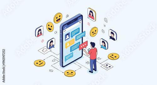 Young man interacts with social media app on smartphone surrounded by colorful reaction emojis and profile avatars.