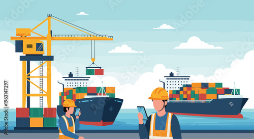Industrial dock workers use smartphones to coordinate logistics at busy shipping port with large container vessels.