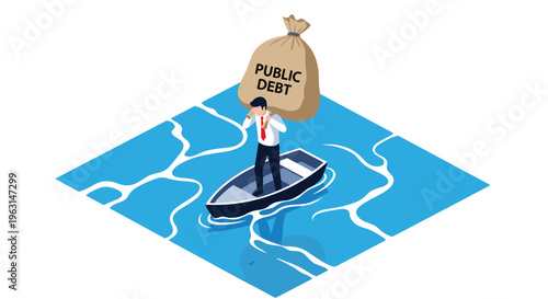 Businessman struggles to navigate small boat through cracked ice while carrying heavy bag labeled as public debt burden.