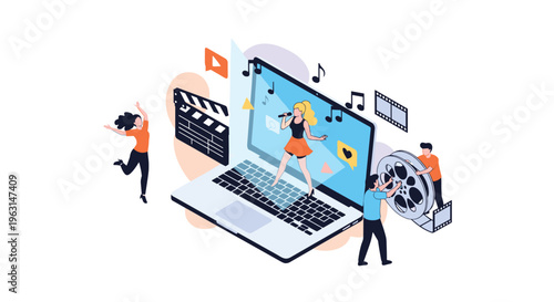 Creative team uses professional software on laptop to produce digital entertainment content featuring singer and video.