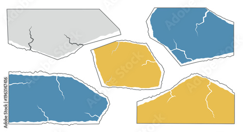 Set of Realistic Colorful Torn Paper Scraps - Vector Ripped Paper Fragments with Ragged Edges in Blue, Yellow, and Grey for Creative Collage and Graphic Design