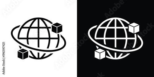 Global logistics icon showing a world globe with package cubes on an orbital ring. Perfect for supply chain management, international shipping, e-commerce, and global distribution concepts.