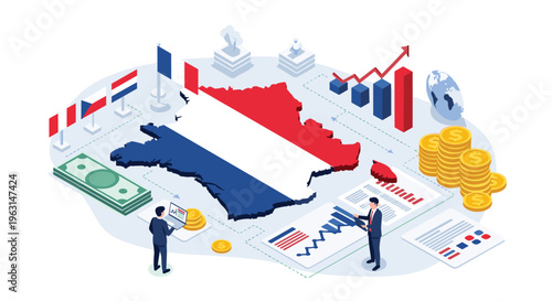 Economic analysts examine financial data for france map surrounded by stacks of money and international trade charts.