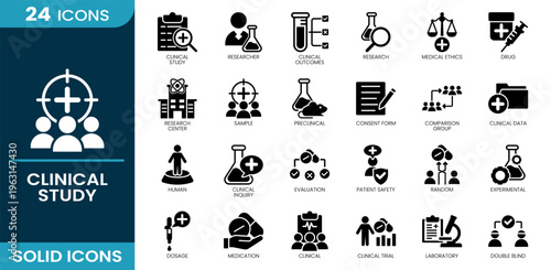 Clinical study icon set. Patient safety, laboratory, clinical trial, research, sample, drug, medication, evaluation, consent form, researcher, clinical study, data, Solid vector icons collection.