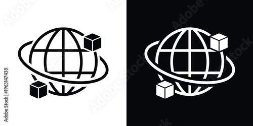 Global logistics icon showing a world globe with package cubes on an orbital ring. Perfect for supply chain management, international shipping, e-commerce, and global distribution concepts.