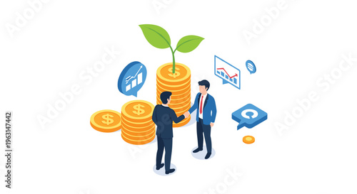 Business partners shake hands to finalize green investment deal in front of growing plant on stacks of gold coins.