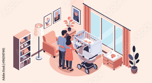Young couple looks lovingly at their newborn baby sleeping in crib within cozy and well designed nursery room.