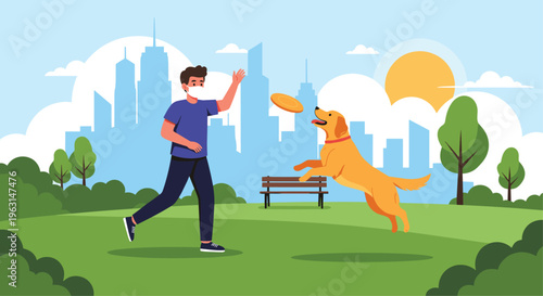 Man wearing protective mask plays frisbee with his golden retriever dog in sunny city park during autumn season.