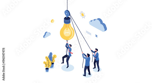 Collaborative team of professionals works together to hoist giant lightbulb symbolizing collective innovation power.
