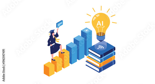 Graduate student climbs career success ladder towards artificial intelligence lightbulb on top of book stack.