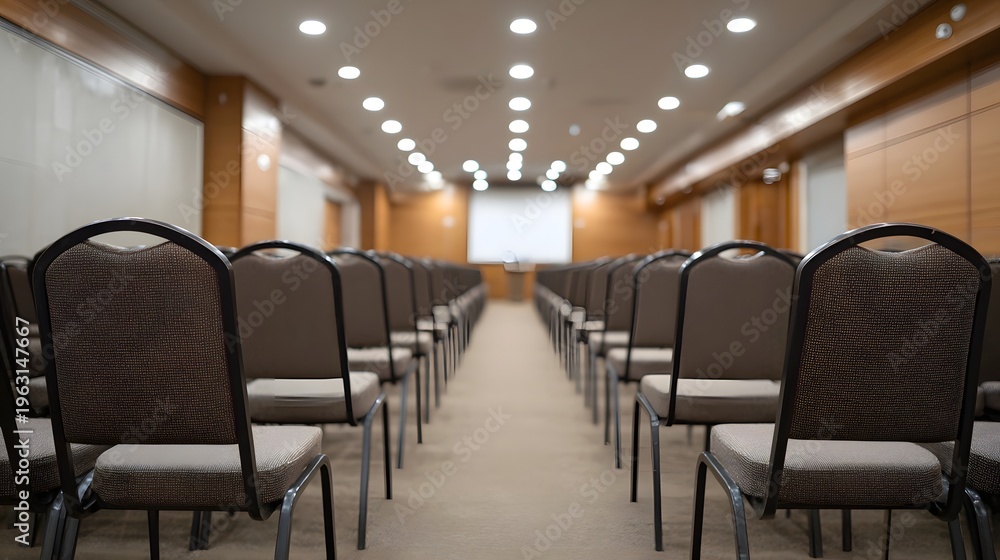 Fototapeta premium Rows of empty upholstered chairs in a well lit conference hall facing a projection screen at the front