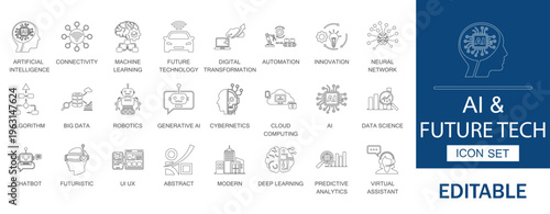 Artificial Intelligence Future Technology Machine Learning Vector Icon Set.