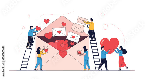 Group of happy people works together to fill giant envelope with red hearts and love letters during romantic event.