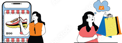 Two women comparing online shopping and in-store purchase experiences with shoes and shopping bags in