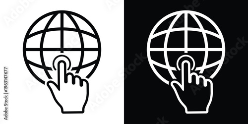 User interface icon featuring a hand cursor touching a globe grid. Represents interactive global maps, worldwide networking, digital connectivity, and international user engagement.