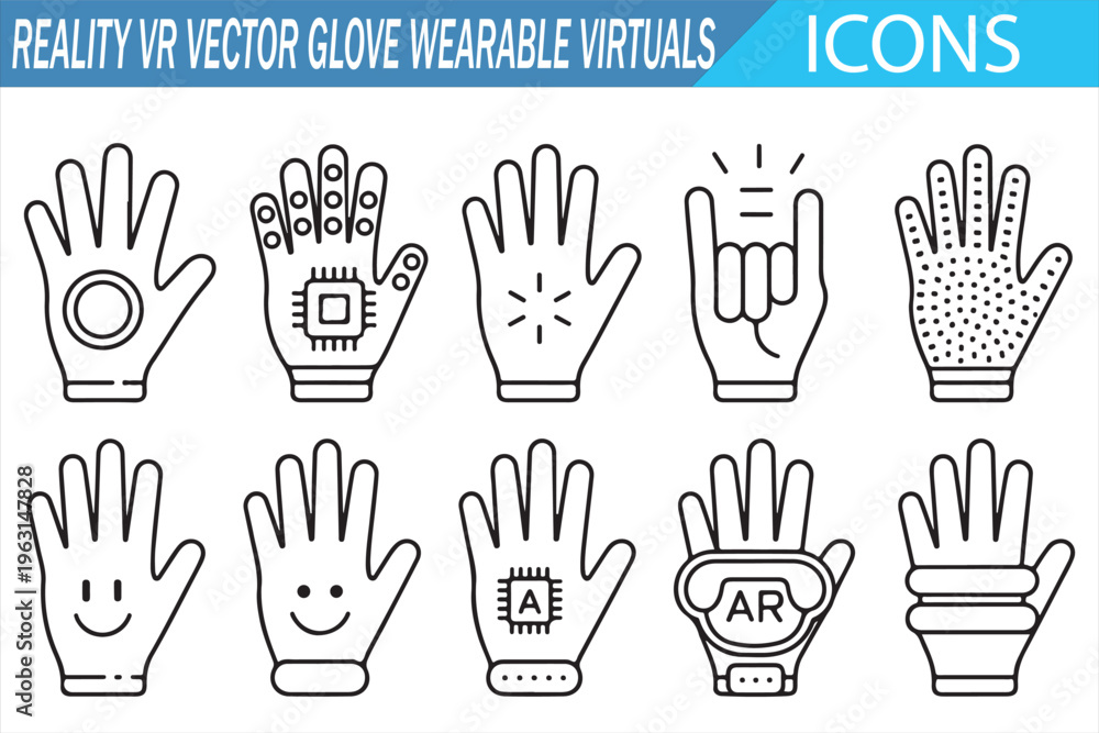 Fototapeta premium Doodle virtual reality icons set featuring wearable gloves and interaction design