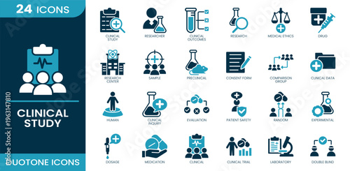 Clinical study icon set. Drug, research, laboratory, clinical study, evaluation, sample, consent form, clinical trial, medication, patient safety, data, researcher, Duotone vector icons collection.