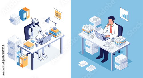 Businessman and a robot artificial intelligence sit at desks and work on laptops surrounded by large stacks of paper files.
