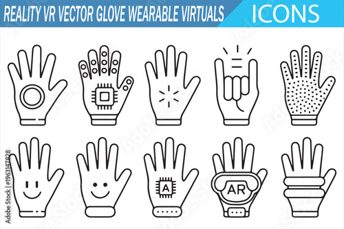 Doodle virtual reality icons set featuring wearable gloves and interaction design