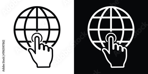 User interface icon featuring a hand cursor touching a globe grid. Represents interactive global maps, worldwide networking, digital connectivity, and international user engagement.