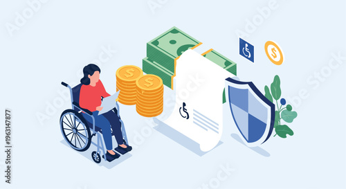Disabled woman sitting in a wheelchair reviews documents related to financial insurance benefits, savings, and medical aid.