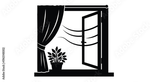 Open window with curtain and plant a striking black silhouette