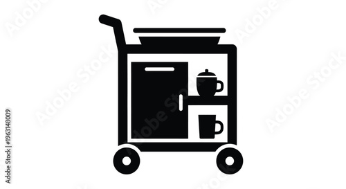 Black silhouette of a service cart with tea set on top silhouette