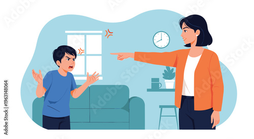 Angry mother points her finger and scolds her upset young son during a domestic argument inside their home living room.