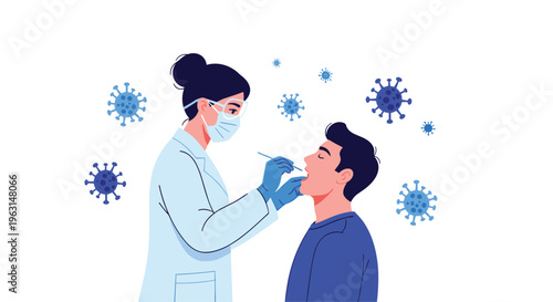 Medical professional in a lab coat and mask takes a throat swab sample from a male patient for virus testing and diagnosis.