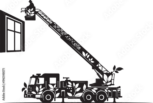 Black silhouette of cherry picker truck with leaf pattern and worker