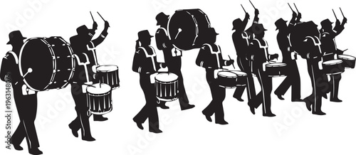 Marching band silhouette vector illustration featuring drum corps performers in formation