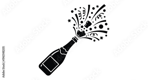 Champagne bottle erupting with confetti and stars a black silhouette