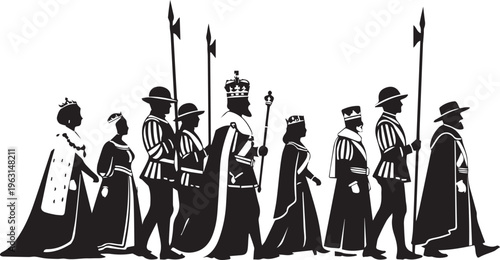 Royal procession vector silhouette illustration, queen, king and subjects line art graphic