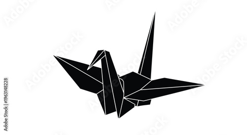 A striking black origami crane design presented as a silhouette