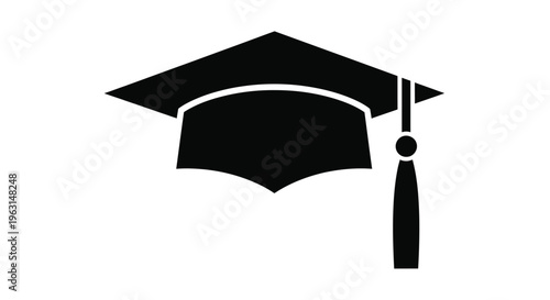 A black graduation cap depicted in a stark flat silhouette
