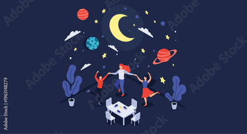 Friends celebrate and dance together in a room under a magical night sky filled with glowing stars and colorful planets.