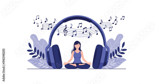 Woman sits in a peaceful yoga pose to meditate for relaxation while surrounded by musical notes and giant headphones.