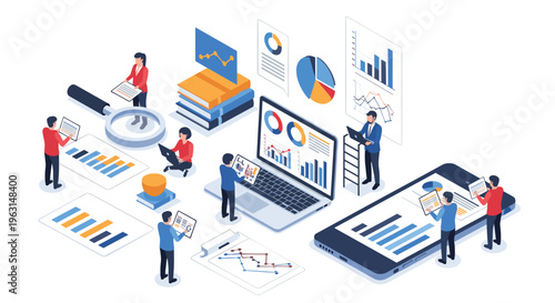 Group of business people work around a giant smartphone to perform data analysis, research, and financial reporting.