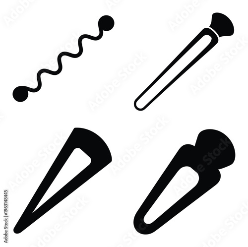 Black Silhouettes of Hair Accessories and Makeup Brush on White Background