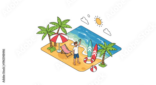 Man takes a selfie with his smartphone while enjoying a vacation on a tropical beach with palm trees and surfboards.