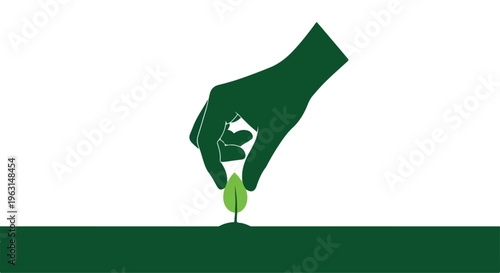 A dark green silhouette of a hand gently placing a small green plant on a solid green surface against a white background.