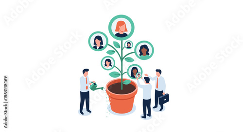 Business team waters a potted plant that grows human profiles to represent the growth of talent and human resources.